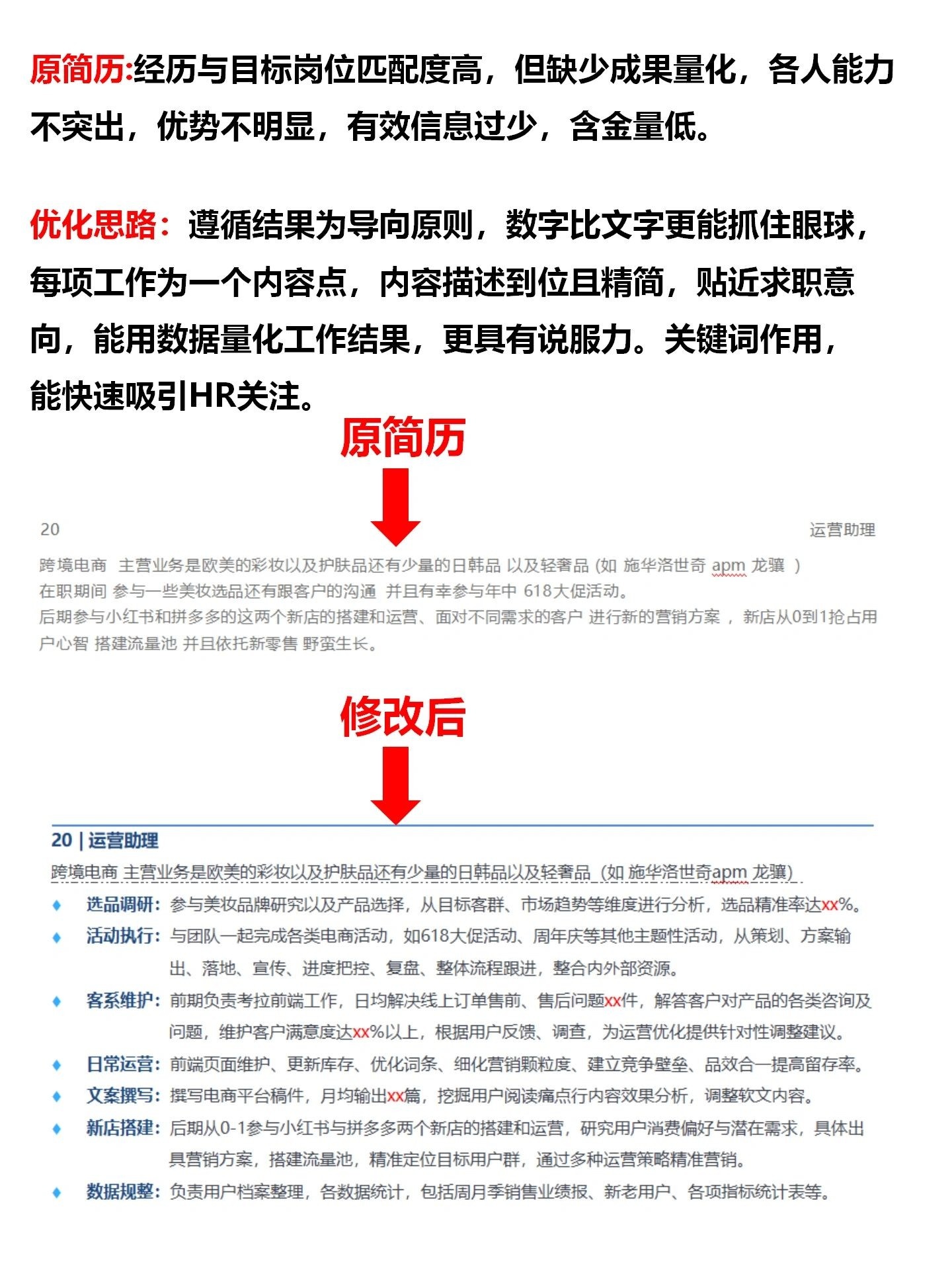 斩获京东offer，运营岗位简历优化✅❌原简历:经历与目标岗位匹配 ...