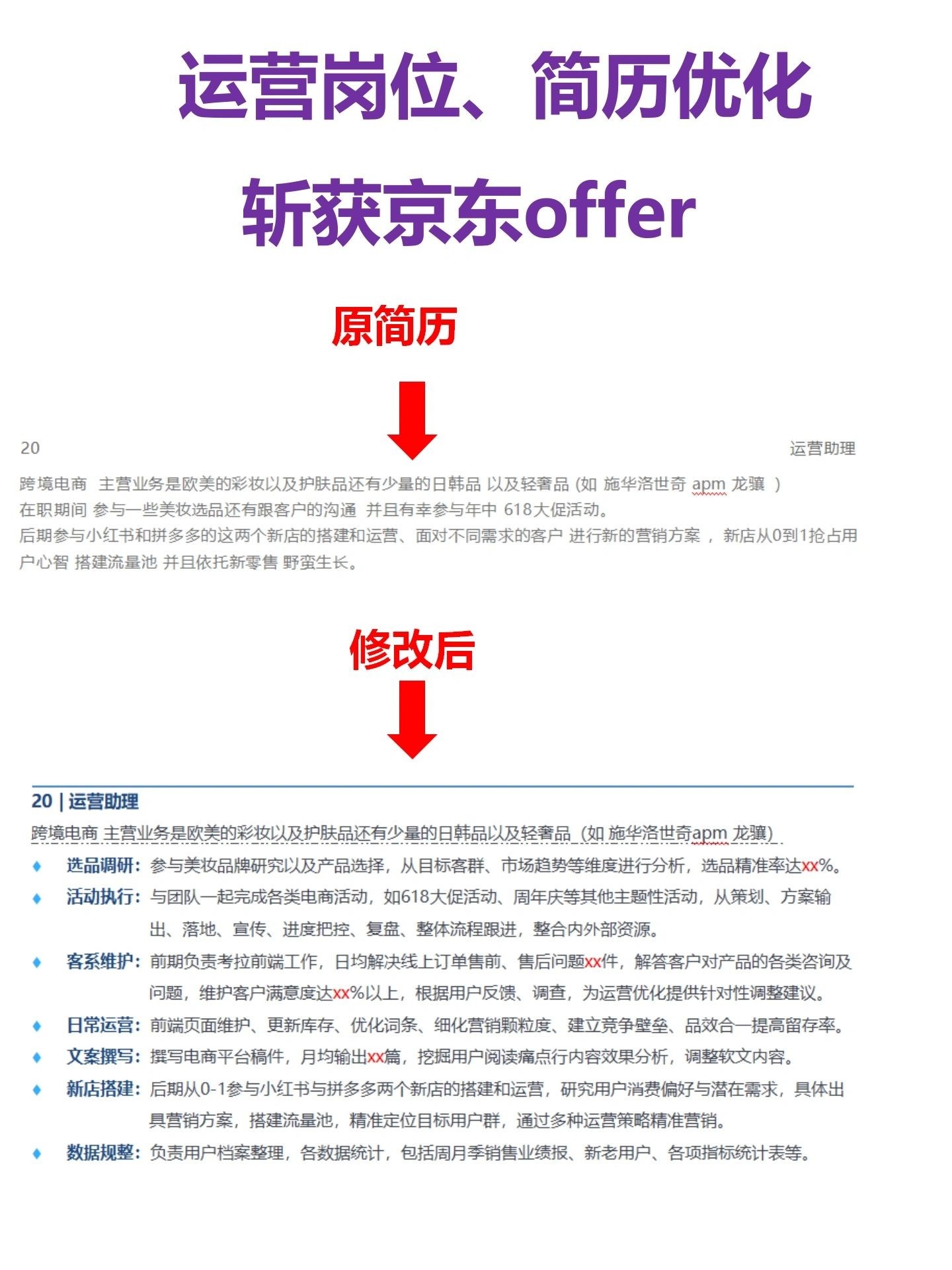斩获京东offer，运营岗位简历优化✅❌原简历:经历与目标岗位匹配 ...